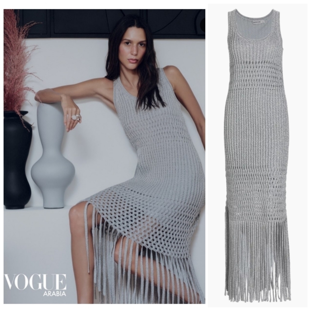 NEW SIMKHAI Jocelyn Open-Stitch Fringe Metallic Silver Midi Dress NWT Medium